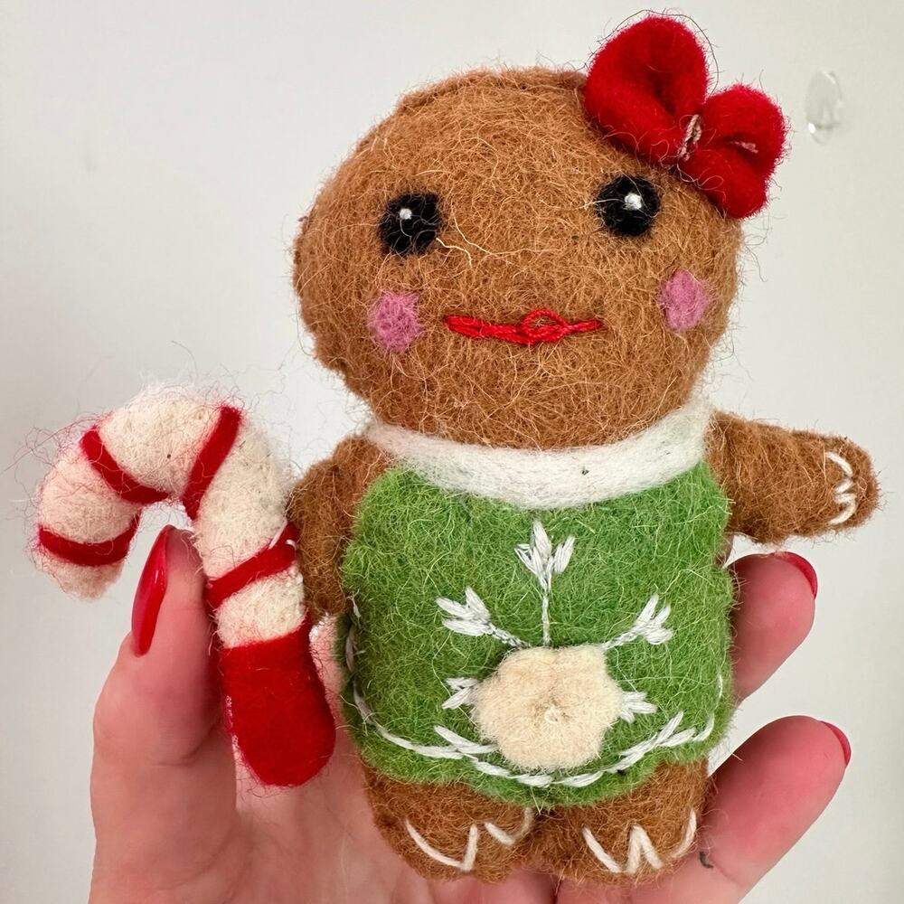 Vtg Christmas Gingerbread Cookie Girl Felt Handmade Holiday Stuffed Animal Plush
